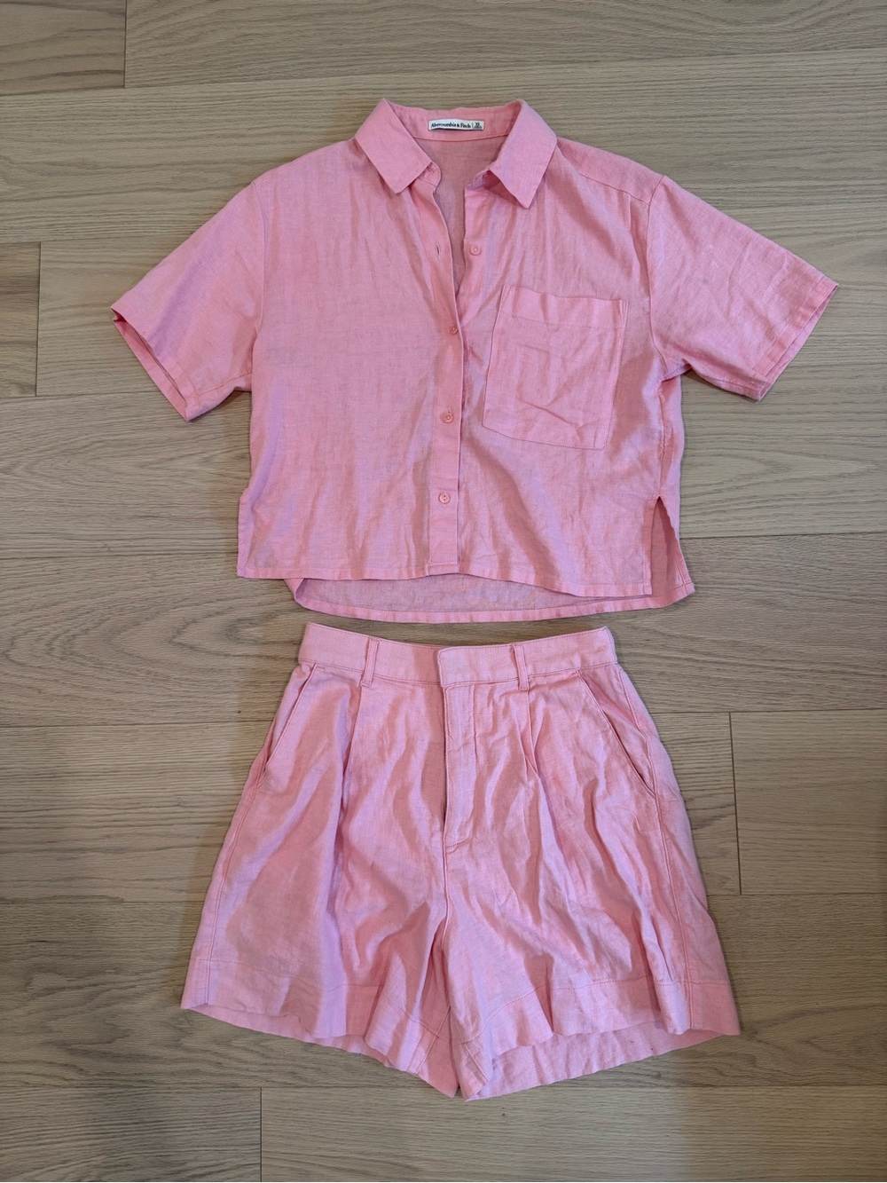 Abercrombie Pink Linen Two-Piece Set - Button Front Crop Top & High-Waist Shorts